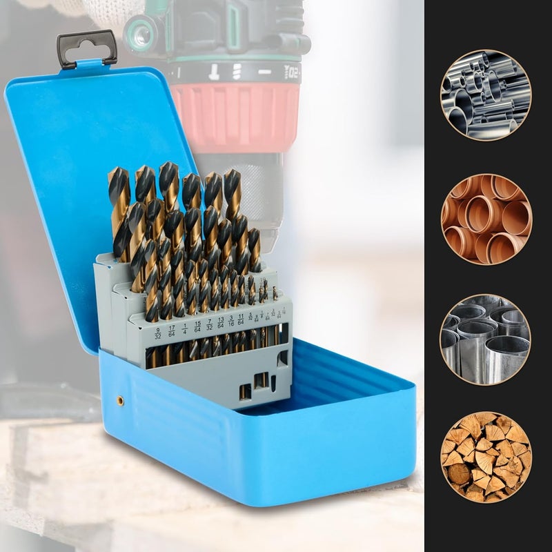 MACXCOIP Drill Bit Set, 29Pcs High Speed Steel Bits with Black and Gold Finish for Hardened Metals, Cast Iron and Wooden Plastics, with Metal Index Storage Box, 1/16"-1/2" - Image 5